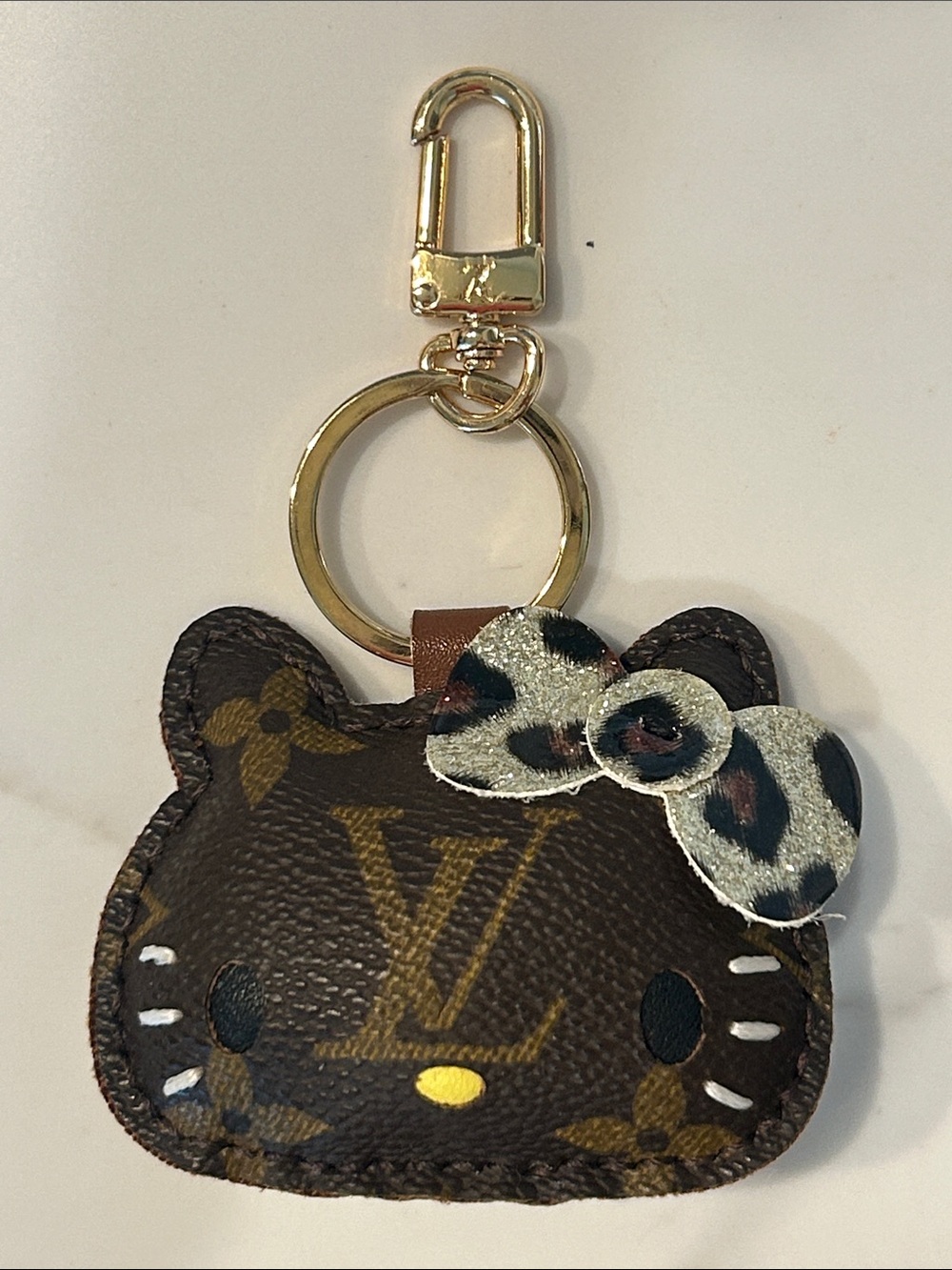Upcycled LV Gold-Tone Brown Monogram HK Keychain Bag Charm with Leopard Bow - Picture 6 of 11